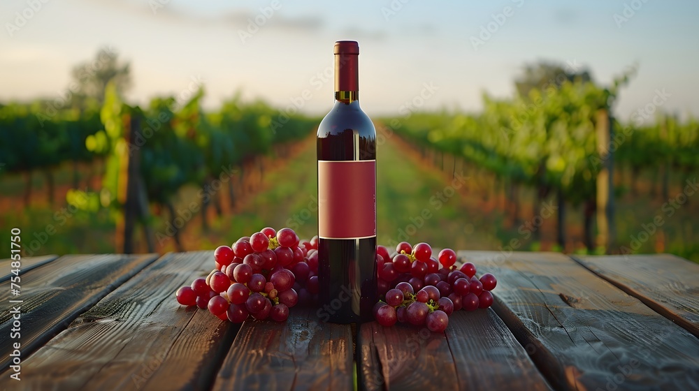Commercial photograph of a bottle of red wine with grapes around it in a vineyard. Image of the wine industry - obrazy, fototapety, plakaty 