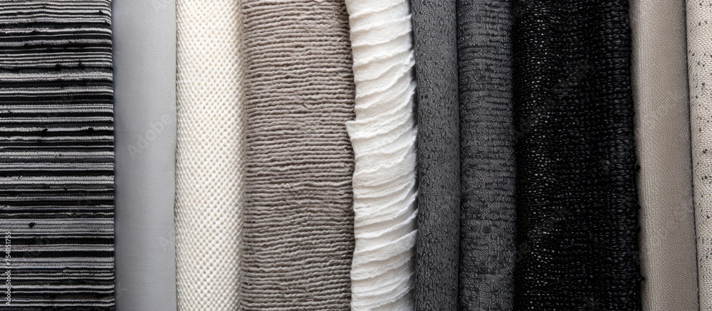 A variety of different colored fabrics, including samples of stripped grey textile texture, are neatly displayed in a row on a wall. Each fabric hangs from a hook, showcasing its unique colors and A variety of different colored fabrics, including samples of stripped grey textile texture, are neatly displayed in a row on a wall. Each fabric hangs from a hook, showcasing its unique colors and
