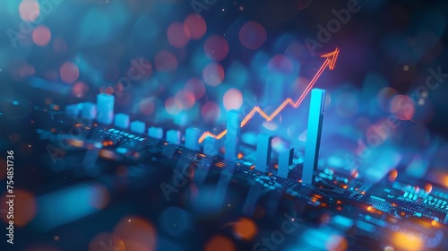 The 3d growth business graph on success financial represents profit and revenue growth, accompanied by a hovering arrow indicating positive market trends © ND STOCK