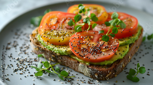 A photo featuring a nutritious avocado toast topped with sliced tomatoes and a sprinkle of microgreens, captured from a high angle. Highlighting the creamy texture of the avocado