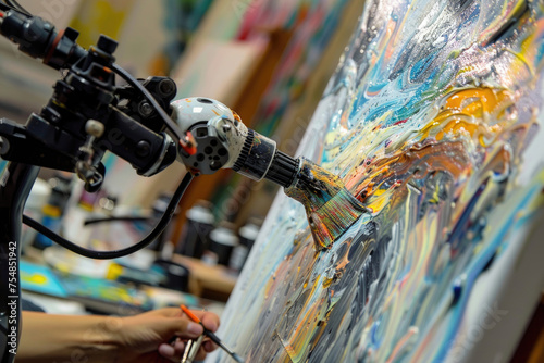 A mesmerizing image of a robot artist creating a beautiful painting with fluid brushstrokes photo