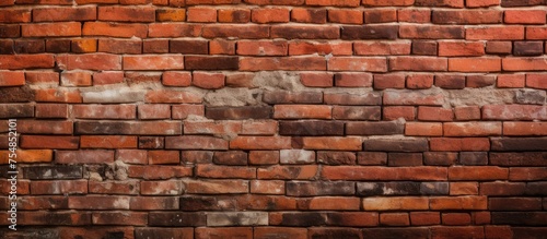 A red brick wall is prominently displayed against a plain white background. The rugged texture of the bricks contrasts with the smoothness of the white surface.
