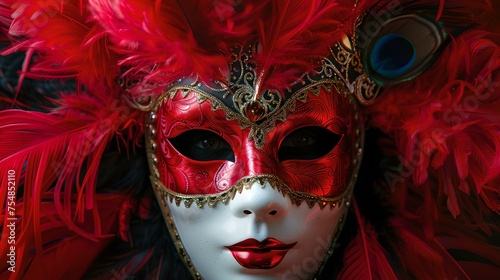 Intriguing red venetian mask with feathers on dark background. elegance and mystery in carnival celebration. perfect for costume parties. AI © Irina Ukrainets