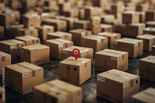 boxes in warehouse with one containing pin point direction  © rushay