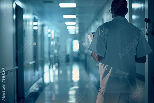 Medical practitioner seen walking down hallway  photo