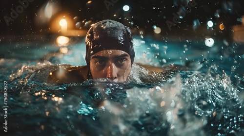 A dedicated triathlete shows resilience and dedication by training hard in the frigid water at night in preparation for an impending swim competition. © Suleyman