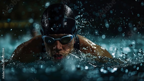 A dedicated triathlete shows resilience and dedication by training hard in the frigid water at night in preparation for an impending swim competition.