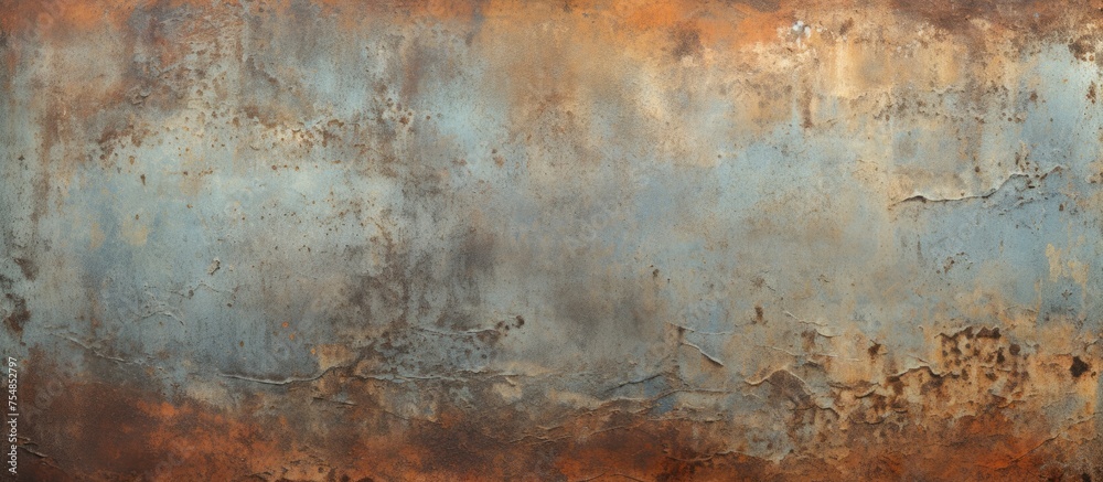 A worn, corroded, and oxidized metal plate is displayed against a backdrop of brown and blue colors. The texture of the metal shows signs of decay and weathering, creating a contrast with the earthy A worn, corroded, and oxidized metal plate is displayed against a backdrop of brown and blue colors. The texture of the metal shows signs of decay and weathering, creating a contrast with the earthy