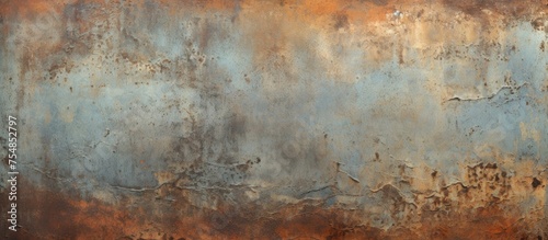 A worn  corroded  and oxidized metal plate is displayed against a backdrop of brown and blue colors. The texture of the metal shows signs of decay and weathering  creating a contrast with the earthy