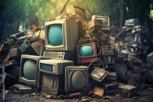 Outdated Old electronic trash pile. Ecology used. Generate Ai