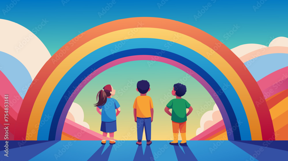 Three children stand under a rainbow, looking up at it