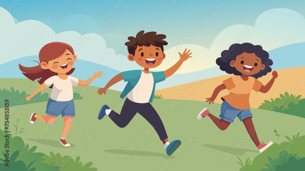 Three children are running in a field Three children are running in a field