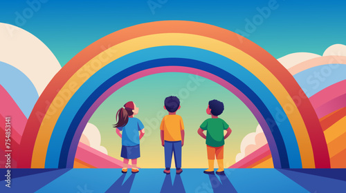 Three children stand under a rainbow, looking up at it