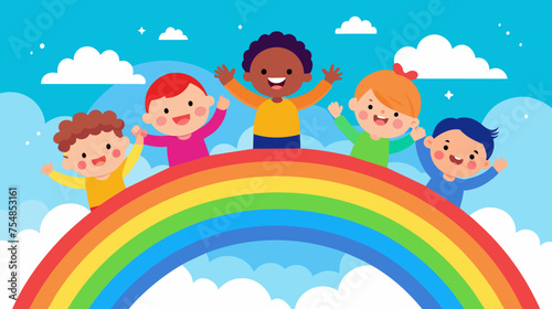 A group of children are standing on a rainbow