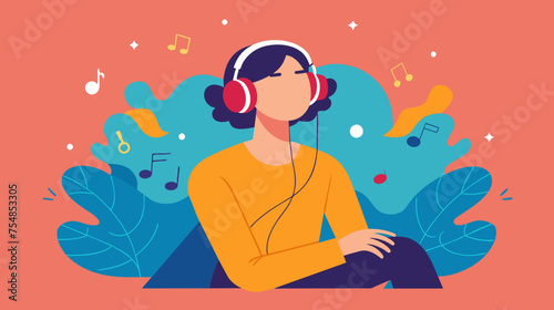 A woman is sitting in a garden with headphones on, listening to music