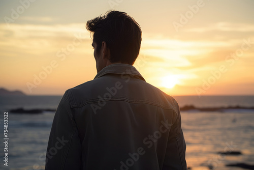 男性, 男性の後ろ姿, 夕焼け, 夕陽, 夕陽を眺める男性, 自由, 男性のシルエット, Male, male back view, sunset, sunset view, men watching sunset, freedom, silhouette of man