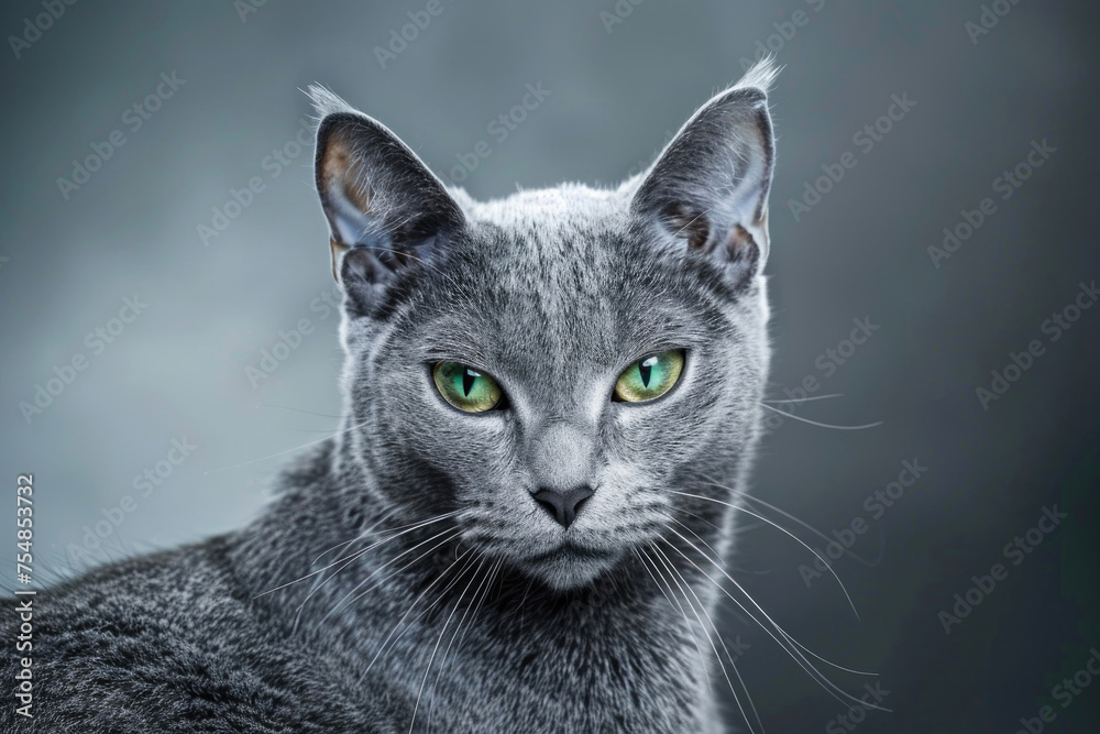 A Russian Blue cat, with its striking blue-gray coat, elegantly isolated against a luminous backdrop