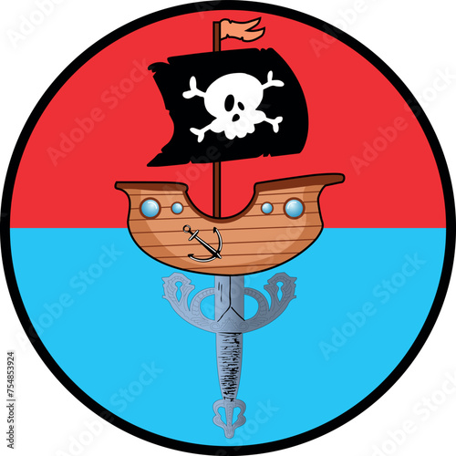 Ilustración barco pirata con espada