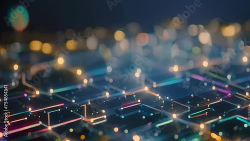 Video animation of complex network of illuminated lines and nodes, resembling a circuit board or a futuristic cityscape photo