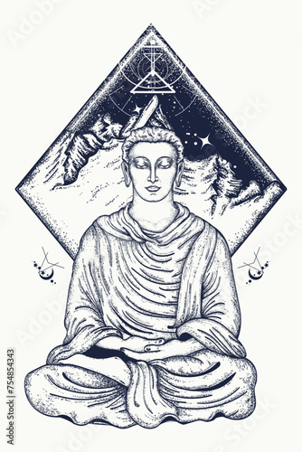 Mountains and Buddha. Esoteric symbol of harmony, yoga, relaxation, soul and freedom. spiritual quest and religion. Buddhism art. Sacred great outdoors geometry style. T-shirt design concept