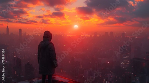 Young man with his back turned in front of a large city at sunset