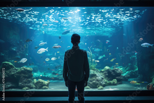男性, 男性の後ろ姿, 水族館, 魚, アクアリウム, 水槽, 水槽を見る男性, Male, Male Back View, Fish, Aquarium, Man Looking At Aquarium photo