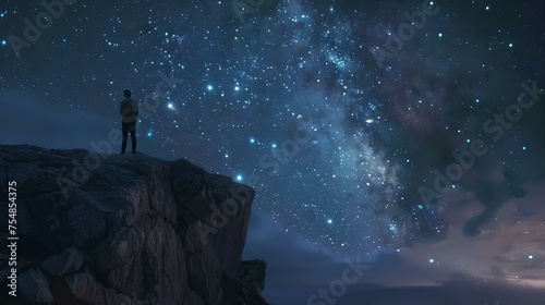 Lone figure contemplates the universe from a rocky ledge under a starlit sky. a moment of reflection and infinity. tranquility captured through lens. AI