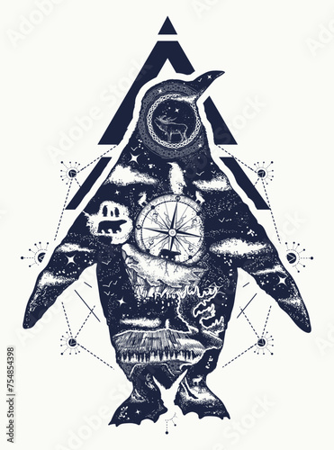 Penguin double exposure tattoo art and t-shirt design. Northern symbol of Antarctica and Arctic, tourism and adventure, north animals