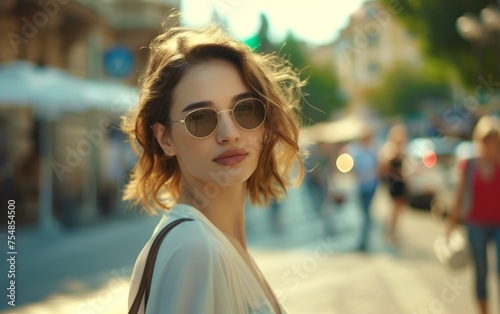 A multiracial woman walking on a city street wearing stylish sunglasses