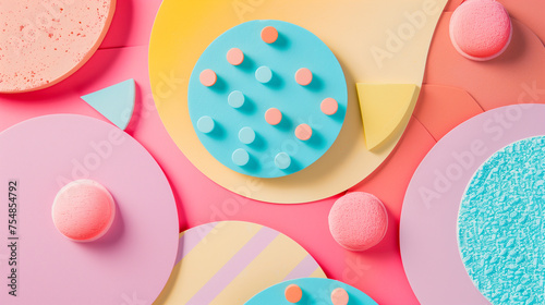A colorful abstract background with a blue circle in the middlE surrounded by pink and yellow circles