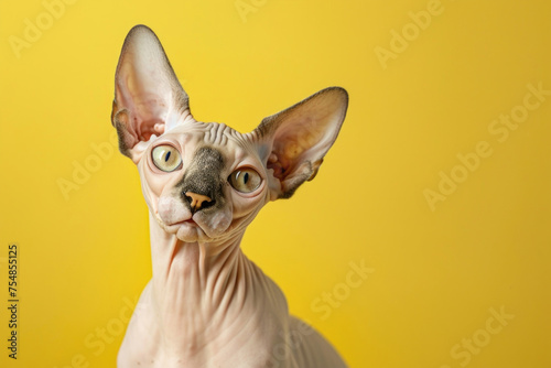 A Sphynx cat on a bright background, showcasing its unique features and captivating gaze © Veniamin Kraskov