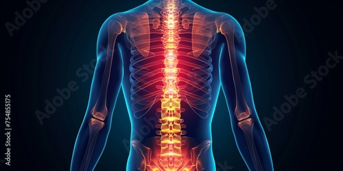 An illustration of back pain with no text or letters, in the medical illustration style, on a transparent background with the spine area highlighted in red.