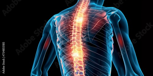 An illustration of back pain with no text or letters, in the medical illustration style, on a transparent background with the spine area highlighted in red.