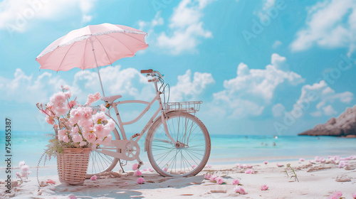 A white bicycle with pink flowers on it is sitting on the beach under a pink umbrella. The scene is peaceful and relaxing