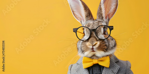 Cool bunny all dressed up with yellow background and copy space, background for easter