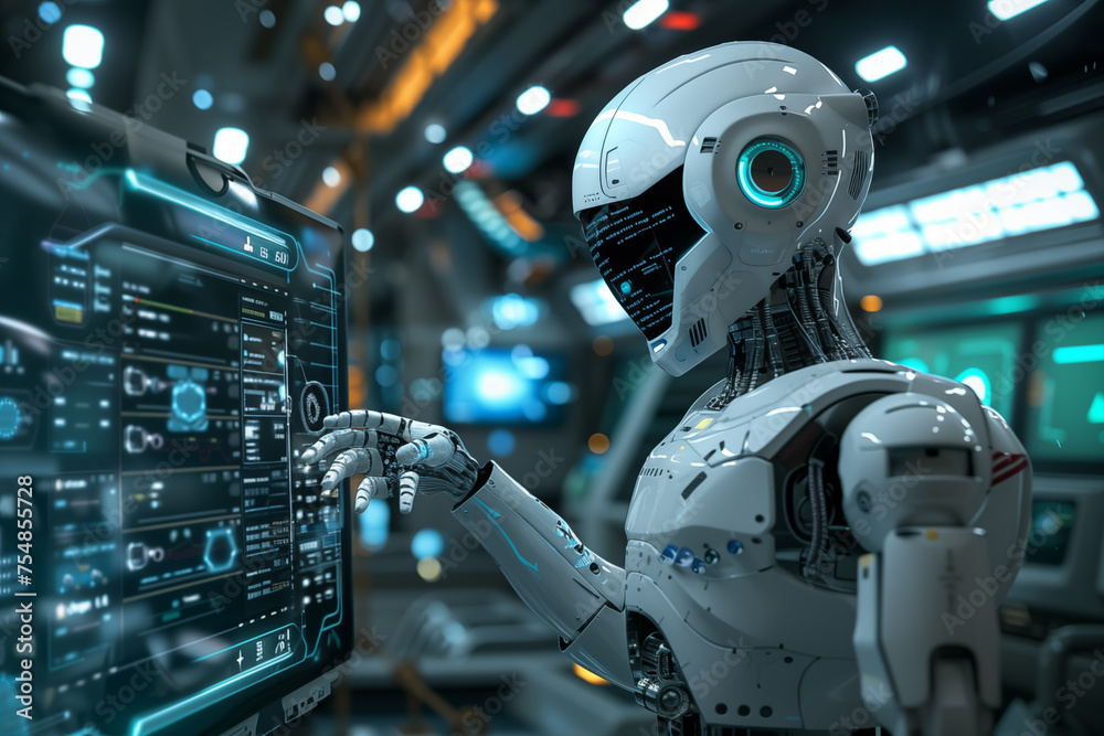Advanced humanoid robot interacting with futuristic control panel Advanced humanoid robot interacting with futuristic control panel