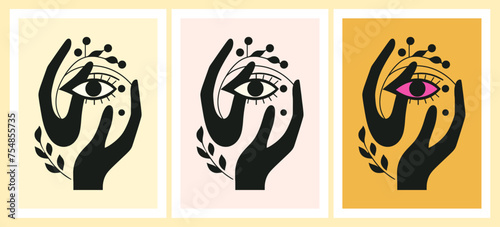 A set of abstract art vector illustrations featuring a hand holding a disembodied eye