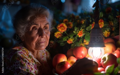 An older woman is inspecting a variety of fruits laid out before her