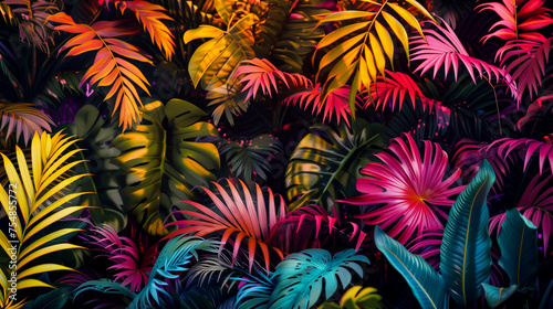 A colorful jungle scene with many different colored leaves and flowers