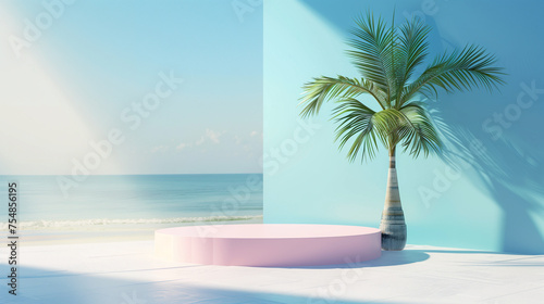 A beach scene with pink stage  palm tree and a blue ocean