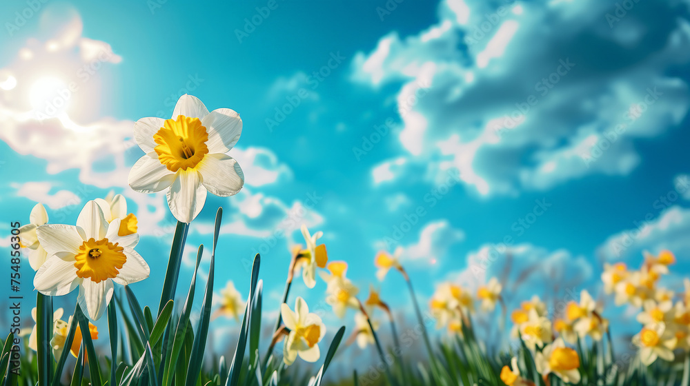 Close-up of yellow daffodil flowers blooming in spring. Bokeh sunny background. Spring landscape concept. Generative AI
