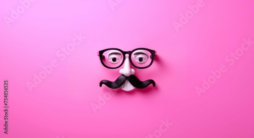 Funny mustache and glasses top view on a pink background. Minimal style. april fool's day concept, greeting card