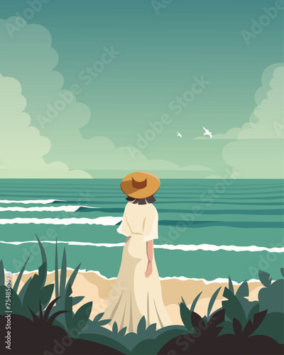 Girl on the beach, ocean, hello summer, poster, postcard, banner, cover