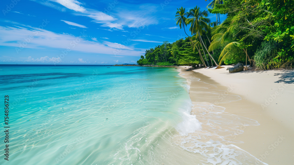 A beautiful beach with a clear blue ocean and a few trees in the background A beautiful beach with a clear blue ocean and a few trees in the background