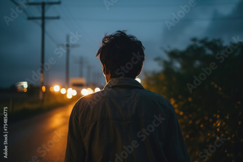 男性, 男性の後ろ姿, 夜道, 夜, 道に佇む男性, 男性のシルエット, Male, male back view, night street, night, man standing on street, male silhouette