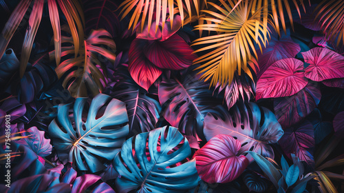 A colorful jungle scene with many different colored leaves and flowers
