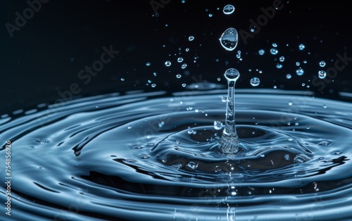 A single drop of water descends into a body of water, creating ripples and splashes