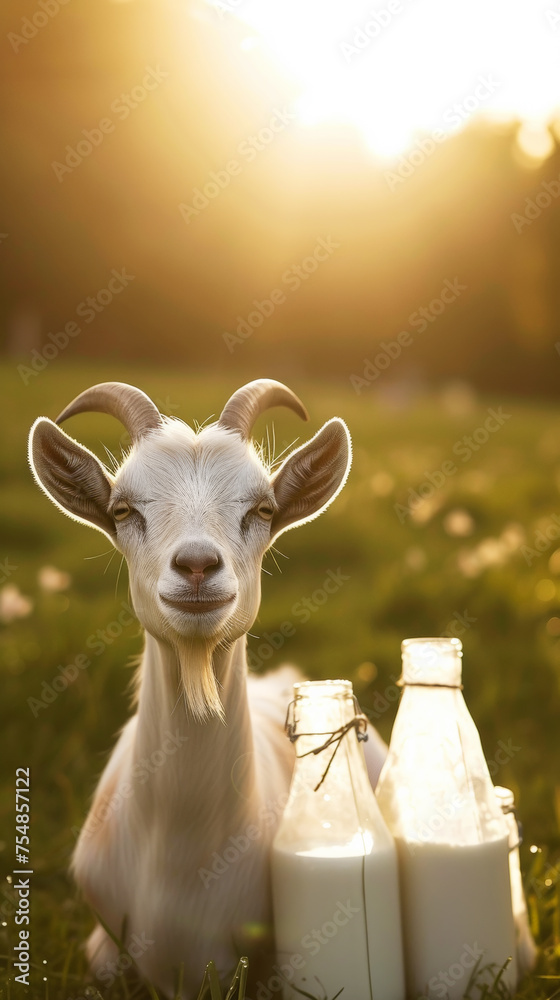 Well-groomed goat on green meadow on a sunny day. Organic dairy products concept. Agricultural landscape. Generative AI Well-groomed goat on green meadow on a sunny day. Organic dairy products concept. Agricultural landscape. Generative AI