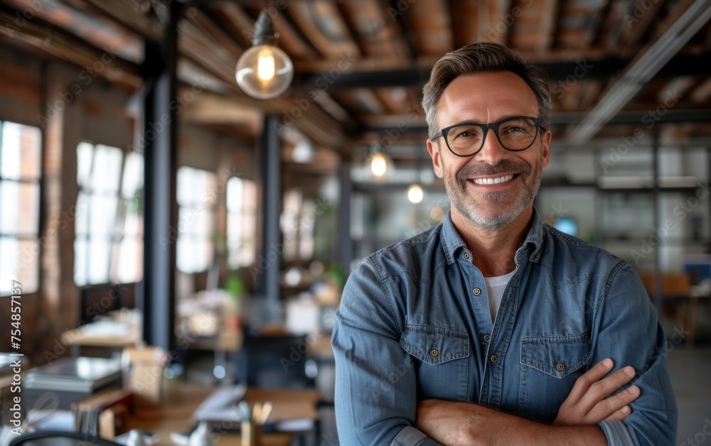 Obraz premium A multiracial man wearing a blue shirt and glasses stands with his arms crossed in a confident pose