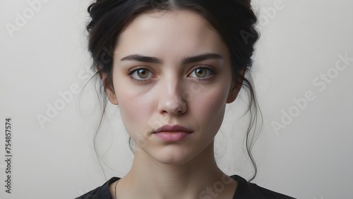 A delicate portrait of a woman in a state of despair, the minimalistic setting emphasizing the raw emotion of her downturned gaze , generative AI